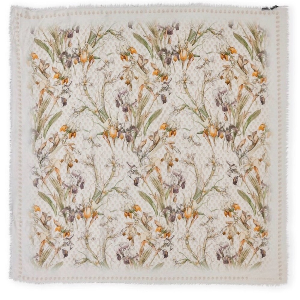 Alexander McQueen Wild Iris Floral Square Scarf Signature Skull Border 54” x 54”